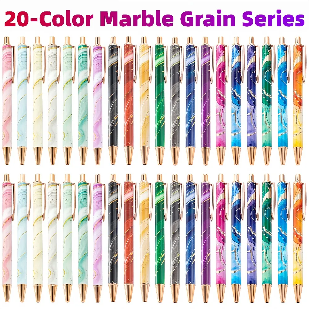 2pcs/3pcs Metal Marble Grain Ballpoint Pen Set,Retractable Stylus Pen 1.0mm Black Ink, School&Office Supply