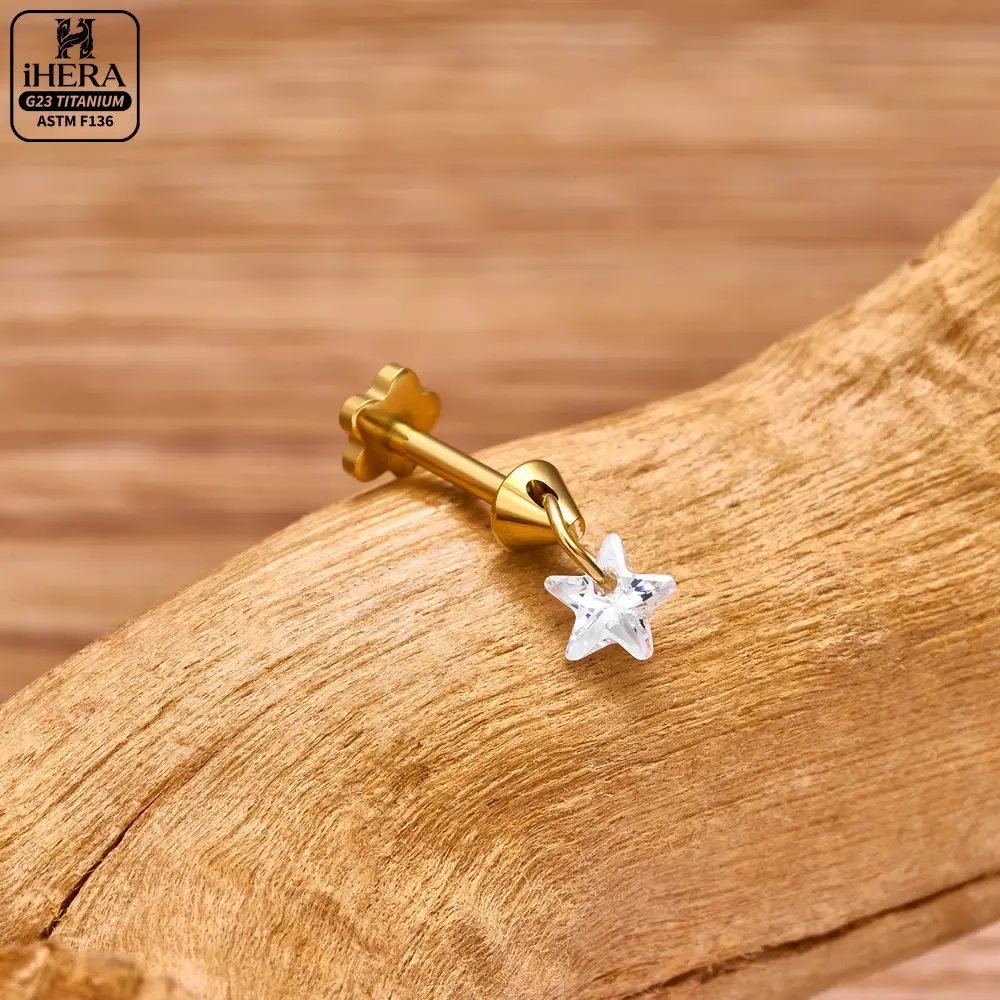 ASTM F136 Titan Gewindelose Dangle Star Pear Triangle CZ Blumen Flat Back Labret Lippen-, Ohr-, Tragus-, Helix-, Knorpelpiercing-Set – Detail 16