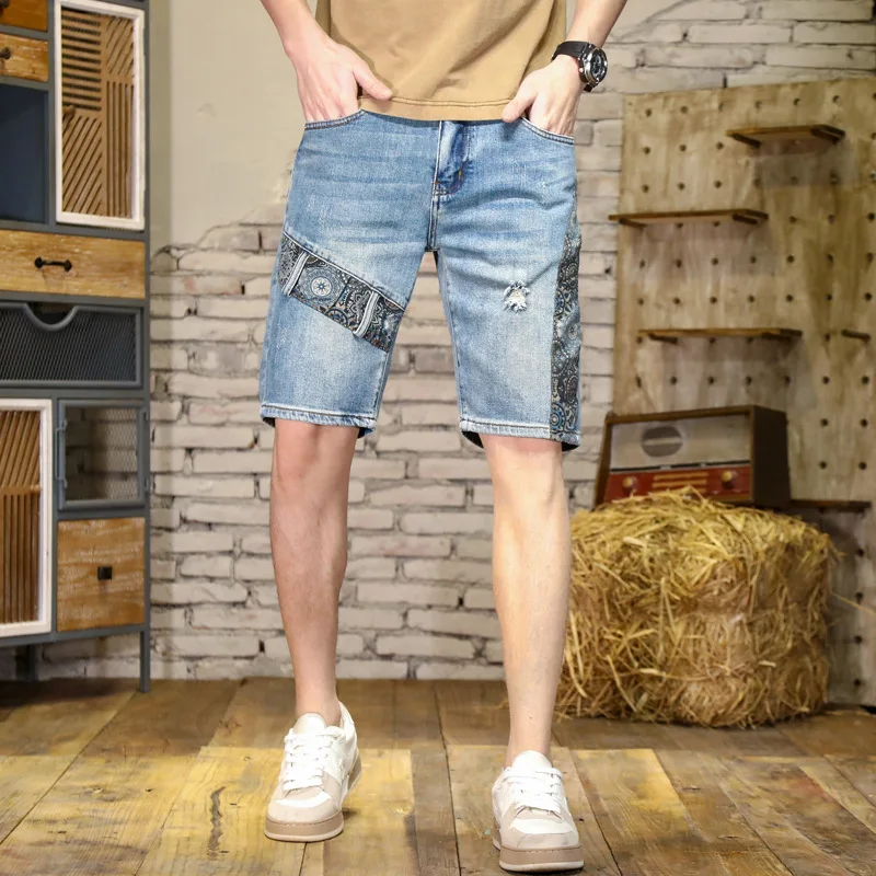 Calção jeans de costura masculina, moda de personalidade, tendência de rua verão, calção azul casual, 2024