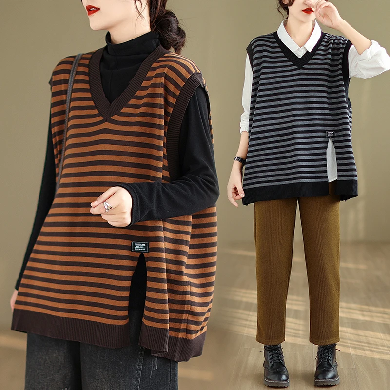 

Spring New Literary Vintage V-neck Coats Vest Women Stripes Loose Leisure Fashion Korean Versatile Patchwork Knitted Split Vest