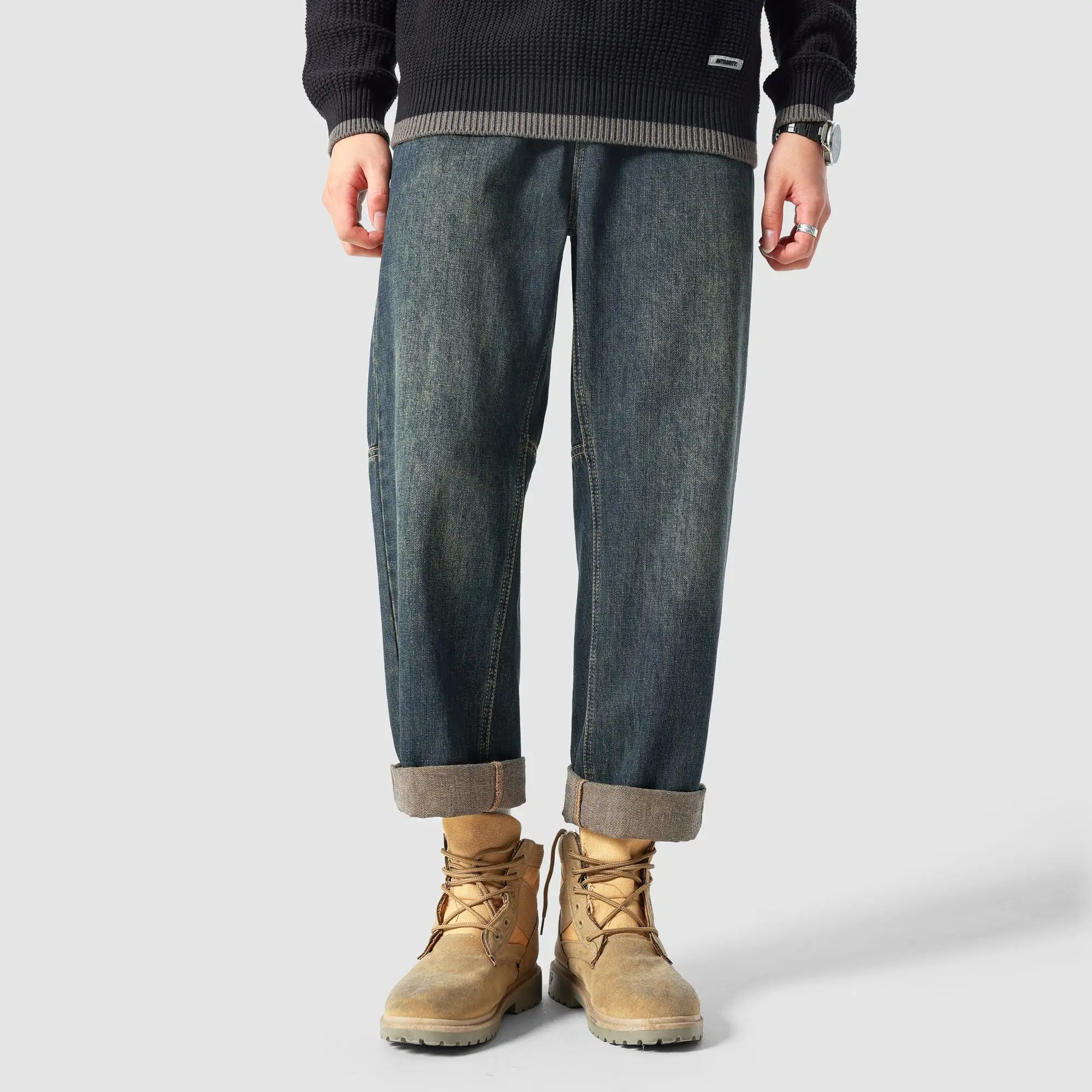 

Мужские джинсы прямого кроя в американском ретро-стиле, с эффектом потертости, весенне-осенние, универсальные, молодежные, повседневные, однотонные