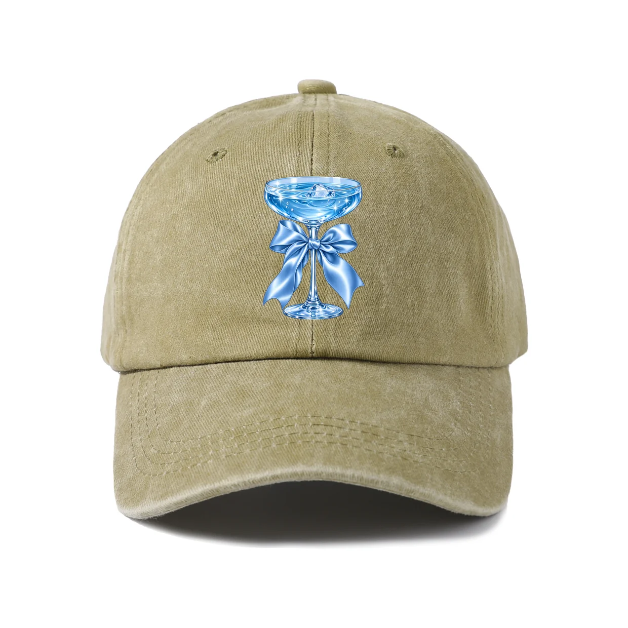 Blue Cocktail Bow Graphic Vintage Washed Baseball Cap, Adjustable Unisex Dad Hat, Casual Gift