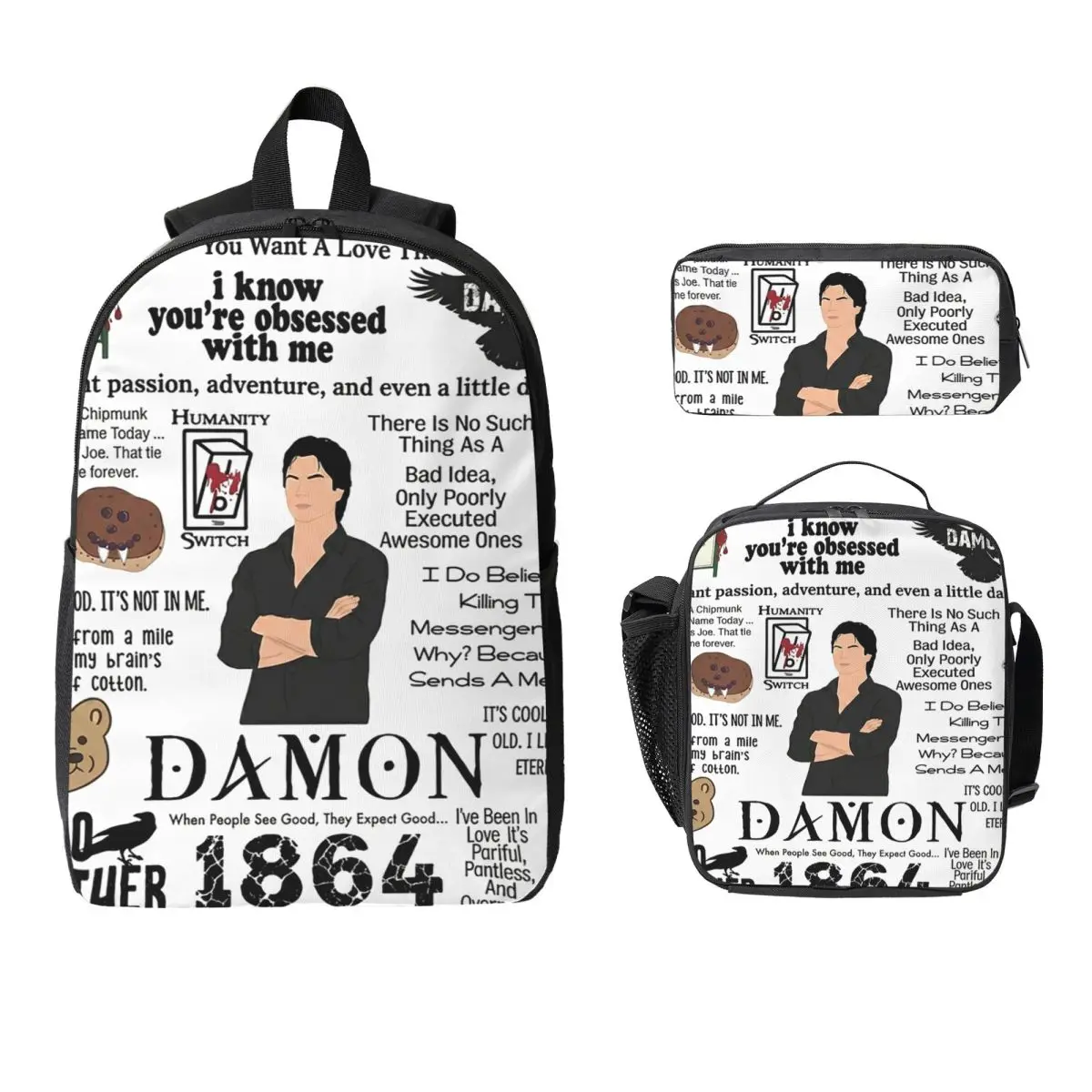 The Vampire Diaries Damon Salvatore TV Series Backpack BookBag School Bag Shoulder Bags 3ps Insulated Lunch Bag Pencil Case