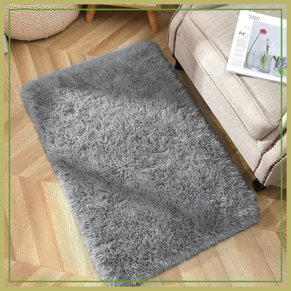 

Small Washable Rug 2x3, Soft Shaggy Bedside Mat, Grey Entryway Carpet for Living Room, Home Decor