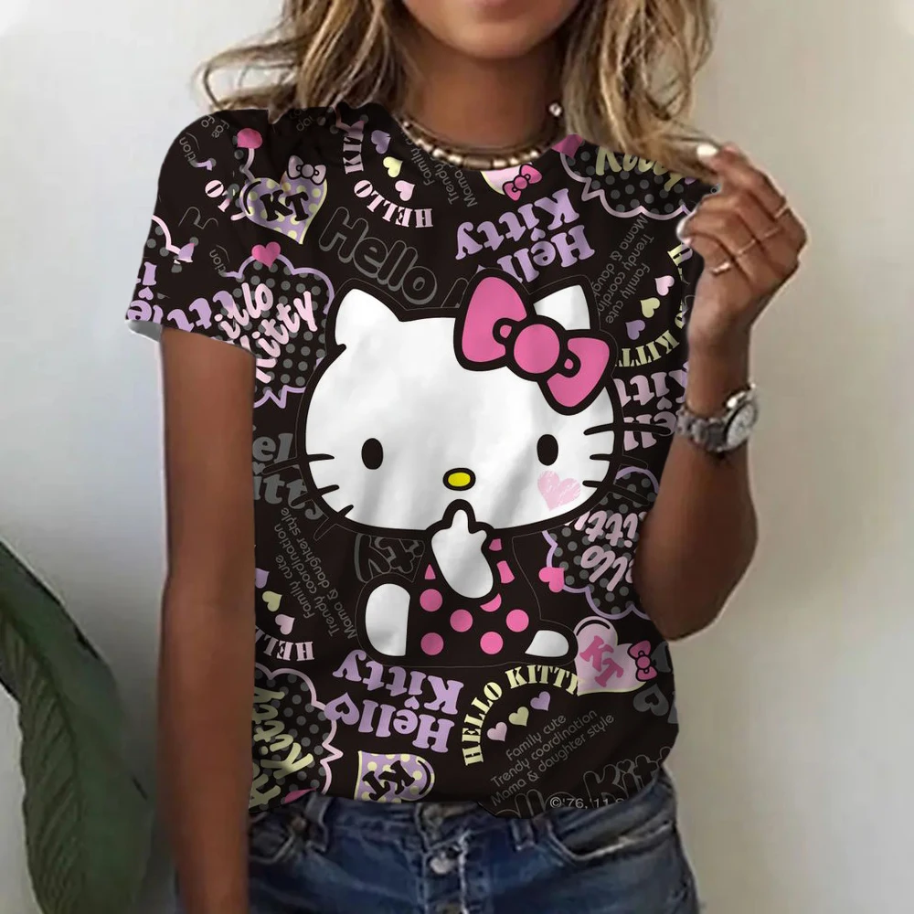 Women's T-shirts Disney Hello Kitty 3D Printed Cartoon Fashion Short Sleeve Summer T-Shirt for Women Tops Tees Female Clothing