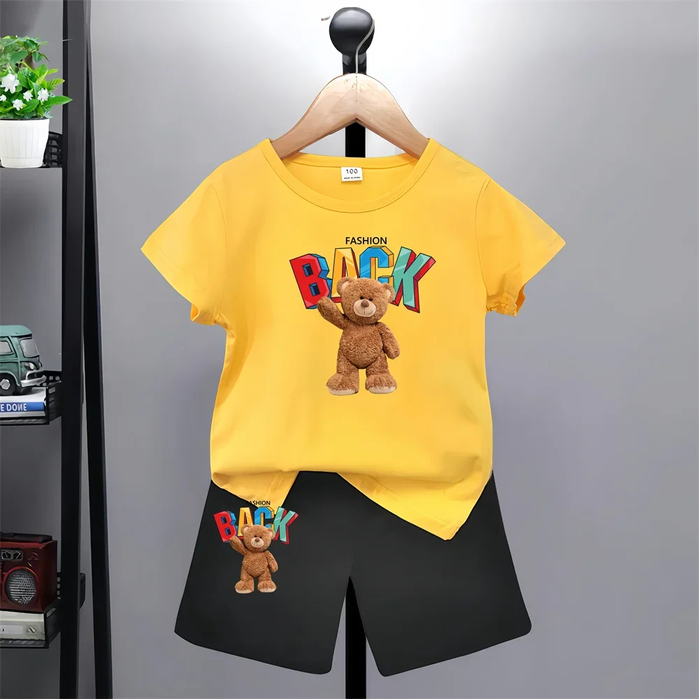 Bear pattern kids T-shirt Pants Kawaii T-shirt Anime Cartoon Kids Casual Clothing 2-piece set Kids Girls Boys Fashion Y2K