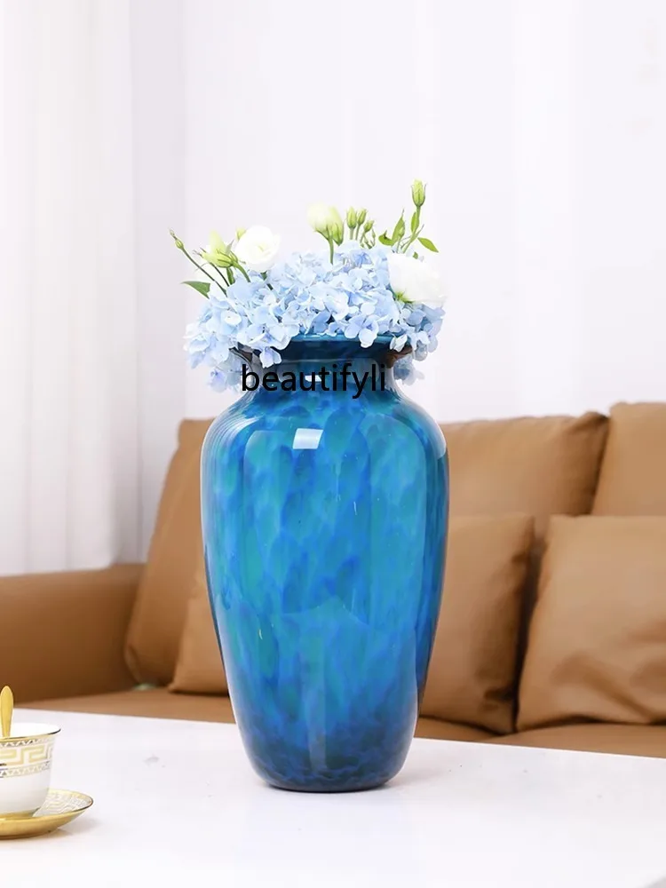 Glass Ceramic Glass Floor Vase Blue Large Vase Decoration Living Room Flower Arrangement