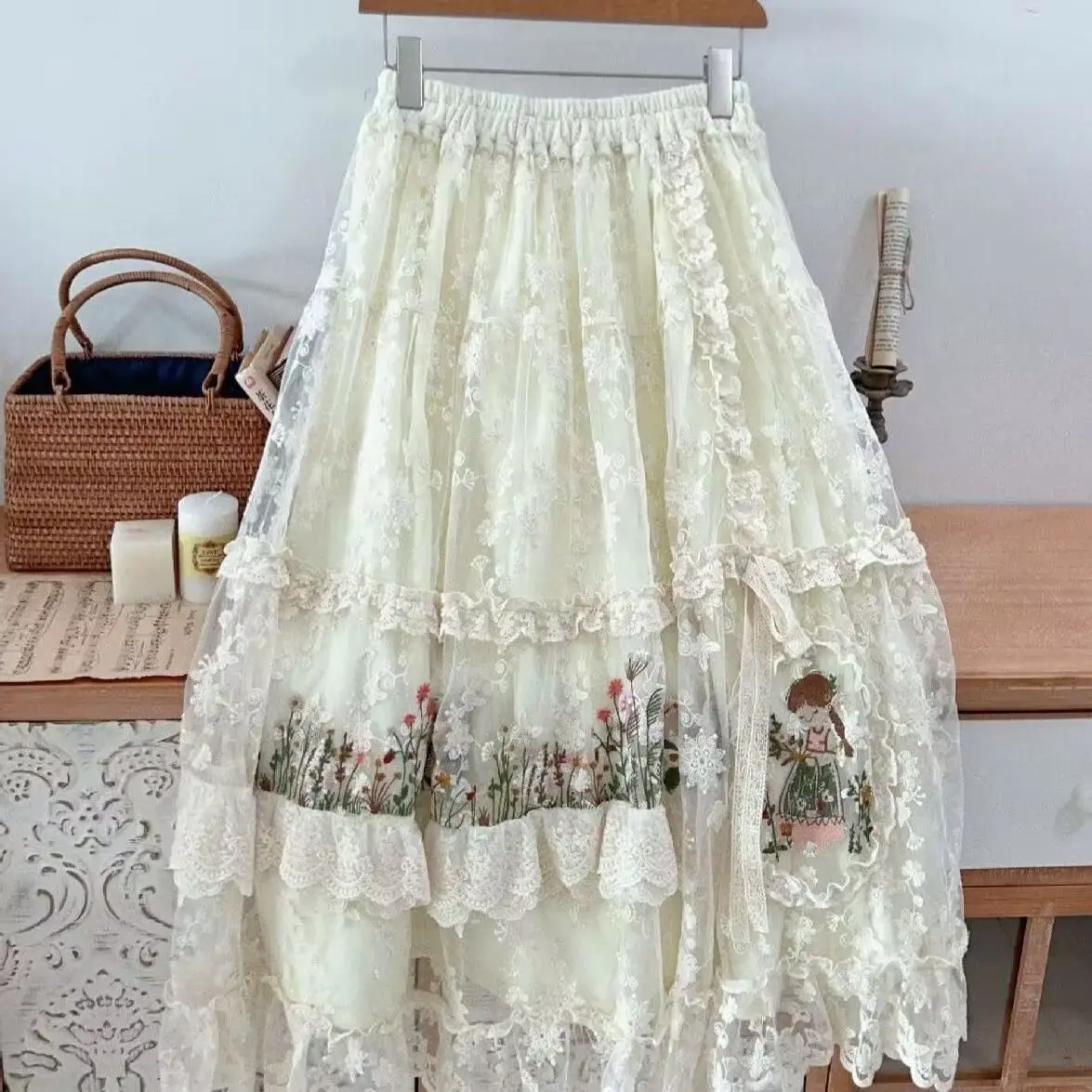 2026 New Spring Summer Women's Mori Style Sweet Lace Midi Skirt Elastic Waist Embroidered Ruffle Tiered A line Long Skirt
