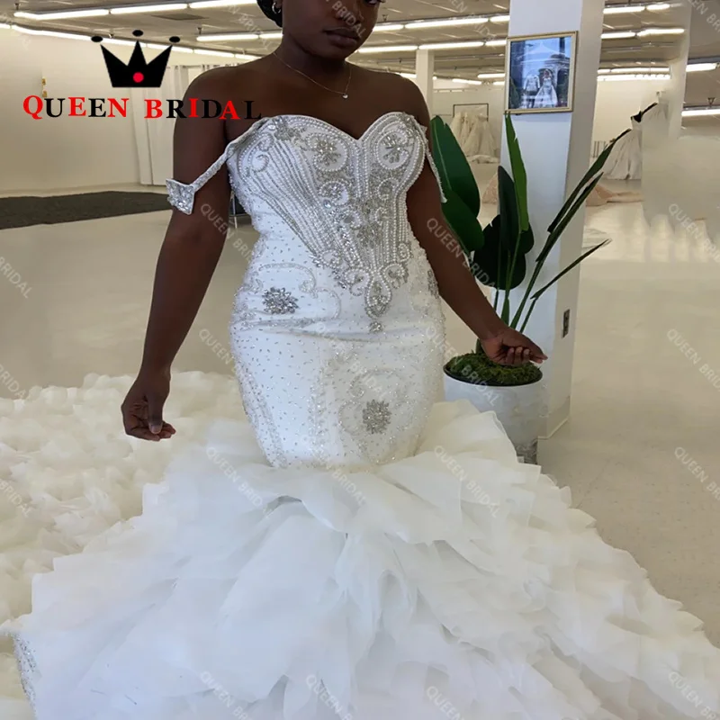 Long Ruffles Train Wedding Dresses Sweetheart Mermaid Luxury Crystal Beading Bridal Gowns Vestidos De Novia Custom S09Y