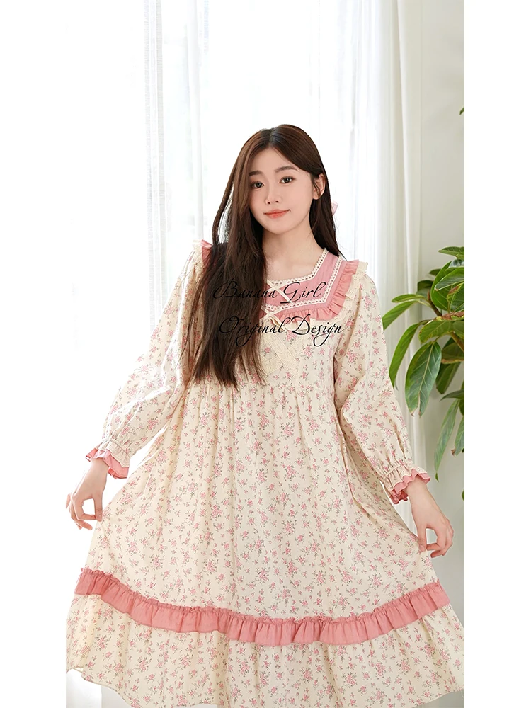 bananagirl-princ-sle-long-sve-floral-print-spwear-women's-autumn-long-dr-home-clothes-nightgown-sweet-home-faion