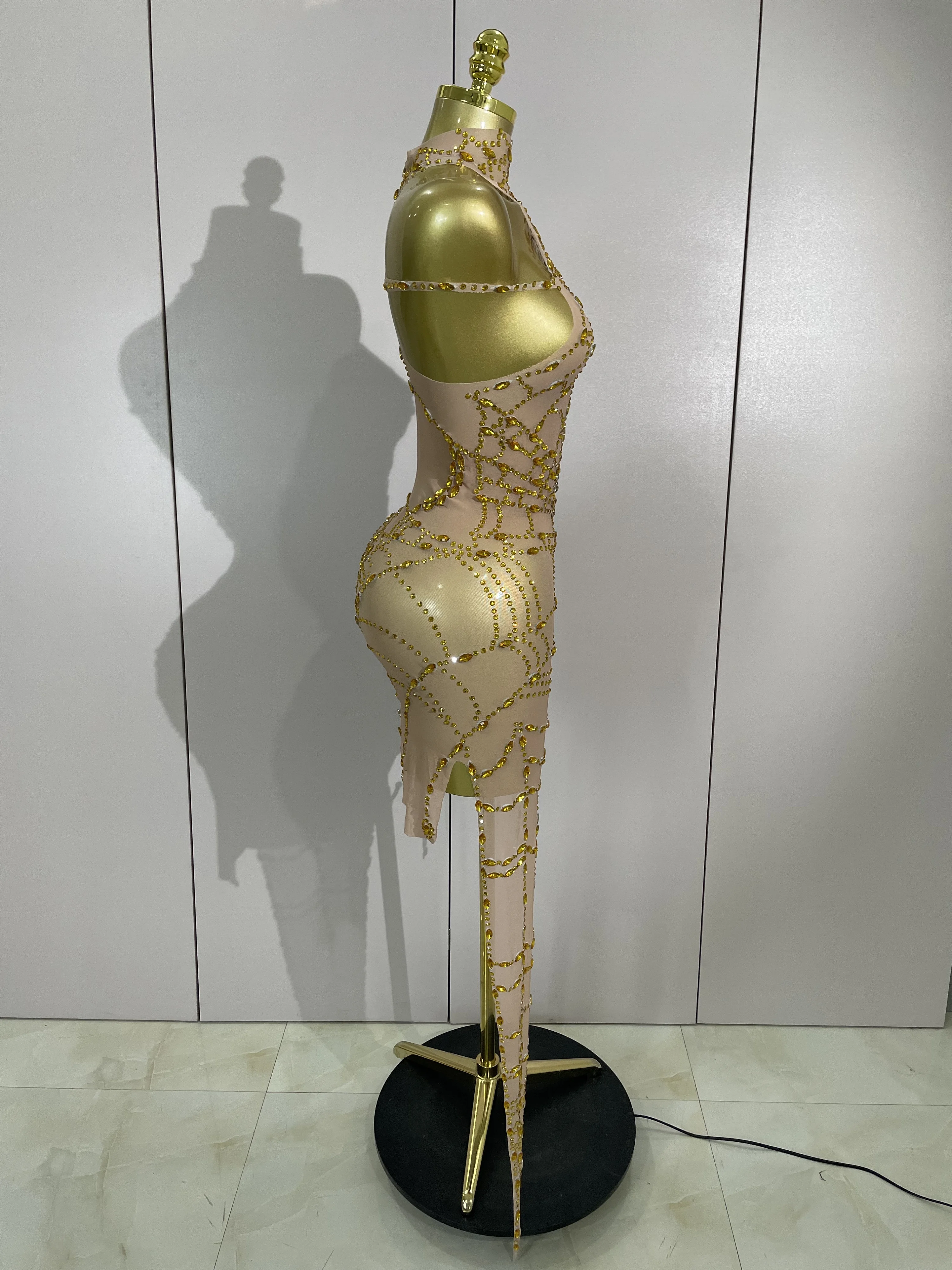 ハロウィンステージ衣装キラキラダイヤモンドセクシーなメッシュ非対称ストレッチミニドレス女性ナイトクラブバーパーティーショーゴーゴーダンサー着用