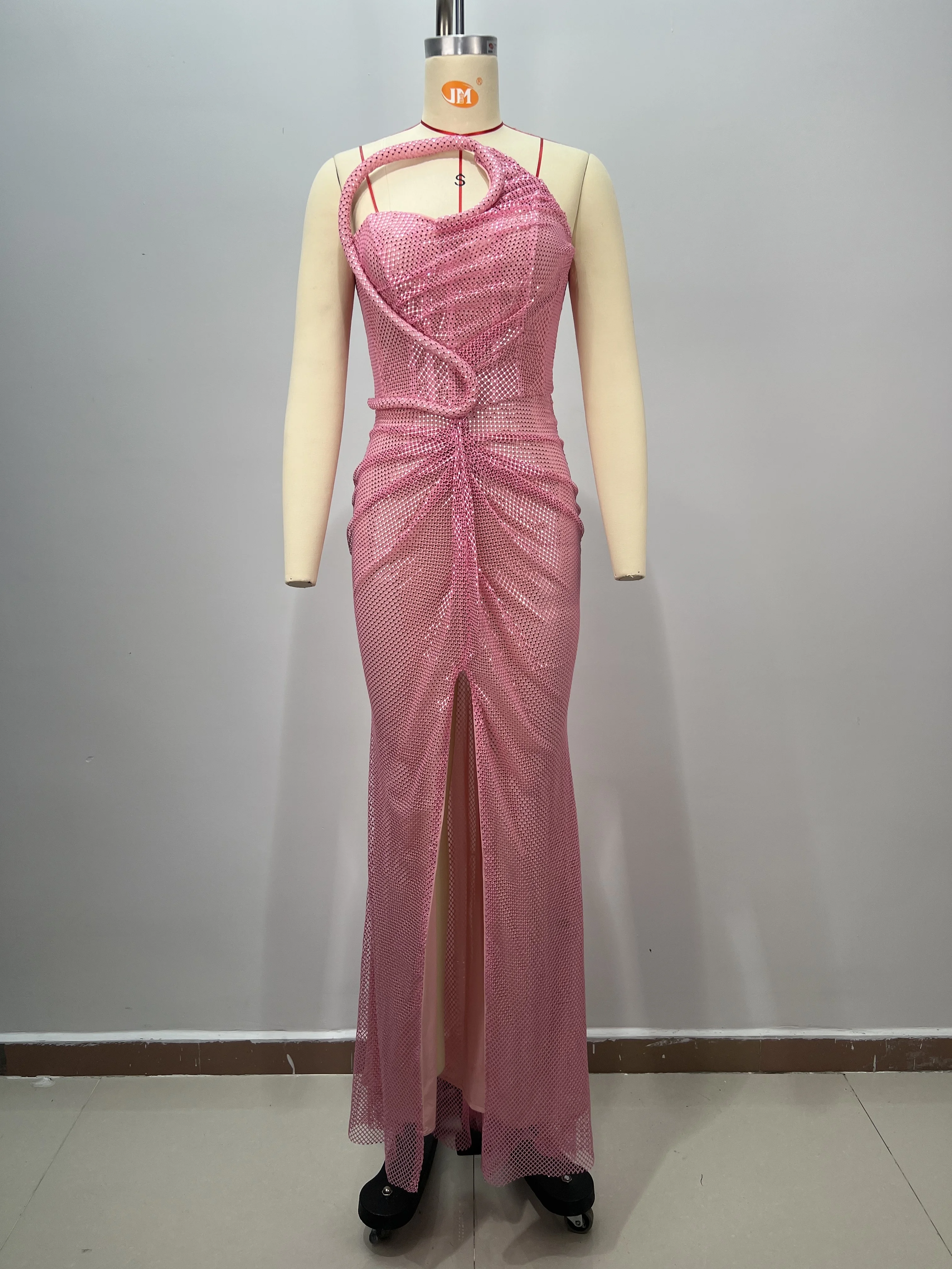 PB Eleganti abiti da sera in rete di cristallo rosa – Abito lungo aderente con taglio asimmetrico e spacco alto per feste, palcoscenici e balli di fine anno