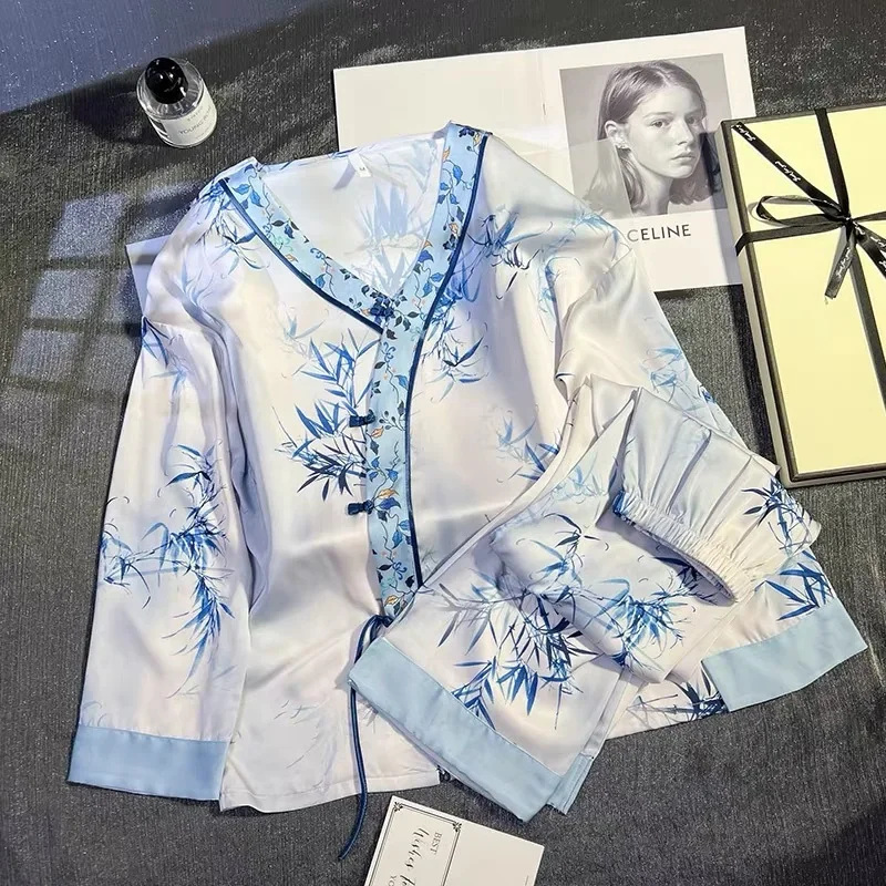 

Женский новый пижамный костюм в китайском стиле с длинным рукавом, домашняя одежда, женская одежда для сна из искусственного шелка, домашняя одежда с принтом бамбукового листа, ночное белье