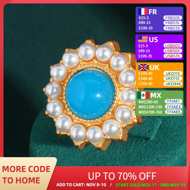 

Vintage Luxury Pearl Rings For Woman Blue Natural Stone Fashion Jewelry Sunflower Decoration Antique Party Designer Accessories