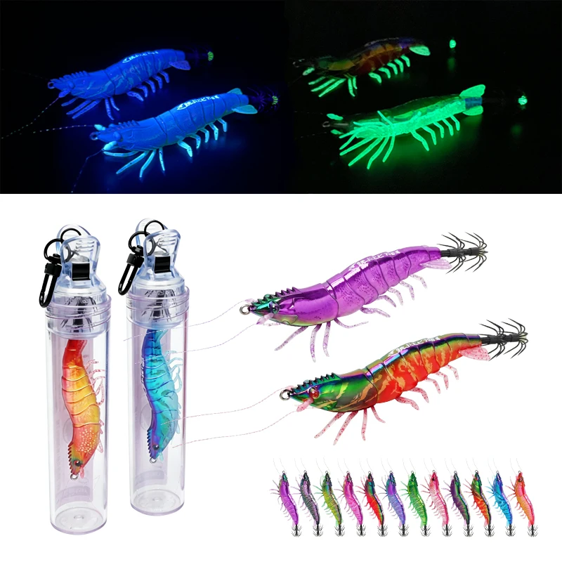 New Luminous Squid Jig Shrimp Lure 95mm 8g Slow‑Sink UV Glow Rattle Artificial Prawn Bait Octopus Cuttlefish Sea Fishing Lure