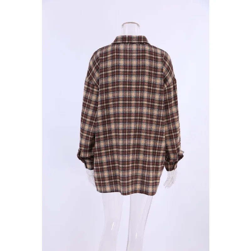 2025 Autumn Casual Plaid Shirt Woman Loose Winter Lapel Buttons Women Coat Full Sleeve Cozy Vintage Khaki Tops Female Streetwear