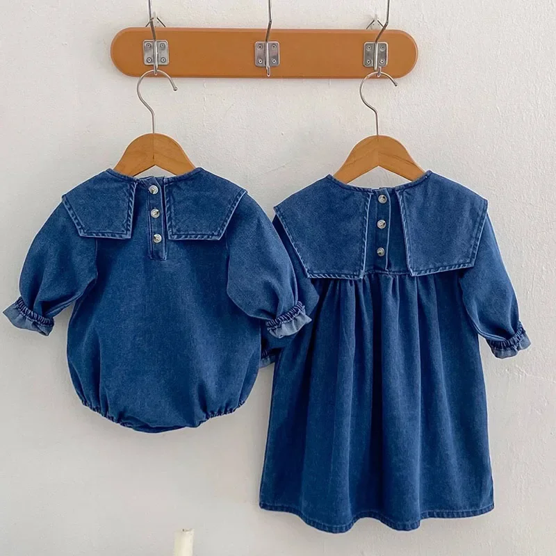 2024 New Autumn Kids Princess Dresses 2-6Yrs Girl Party Dress Long Sleeved Solid Color Denim Baby Girl Romper Children Clothes