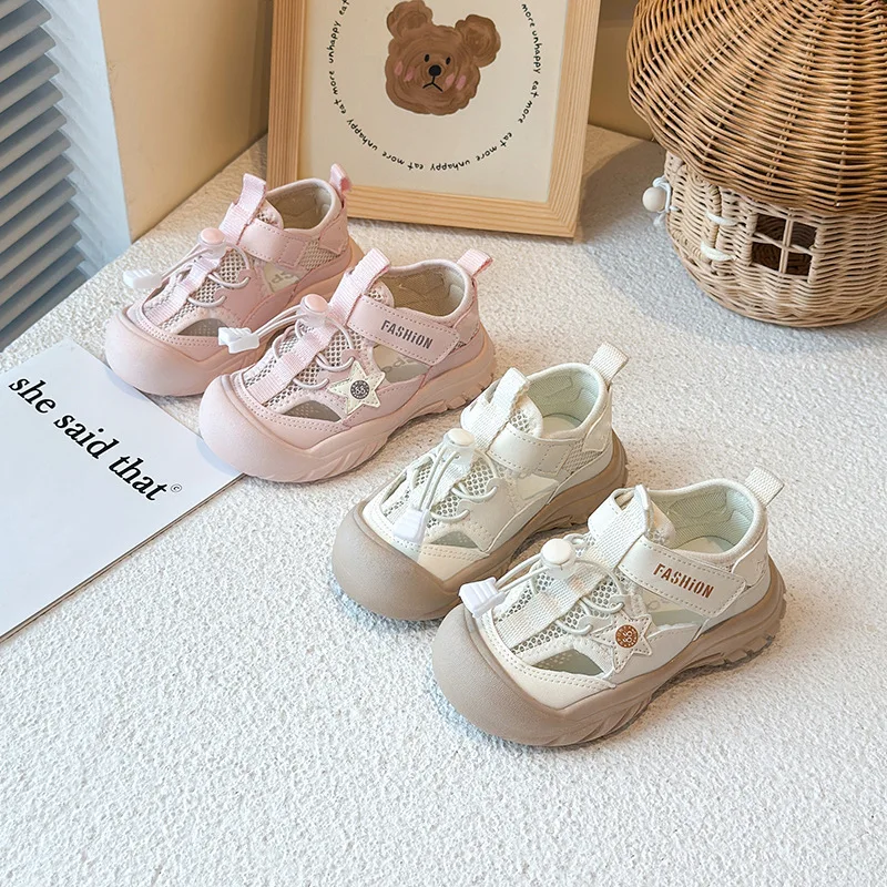 

Summer Close Toe Sandals for Children PU Leather Waterproof Girl's Beach Shoes Hollow Out Breathable Kid's Sneakers for Summer