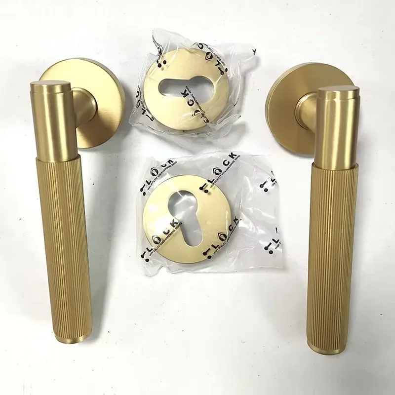 Popular Striped Style Bedroom Solid Brass Wooden Door Mortise Handle Interior Doors Handle With Key