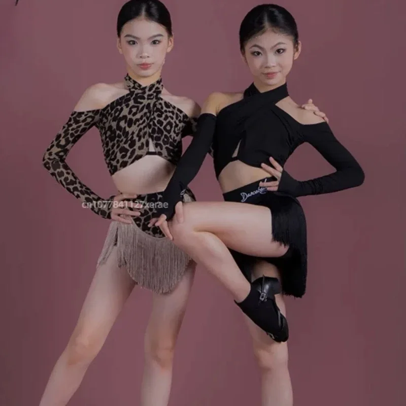 Traje de baile latino, falda con borlas de manga larga para niñas, nuevo conjunto de baile latino para niñas, puesta en escena en grupo