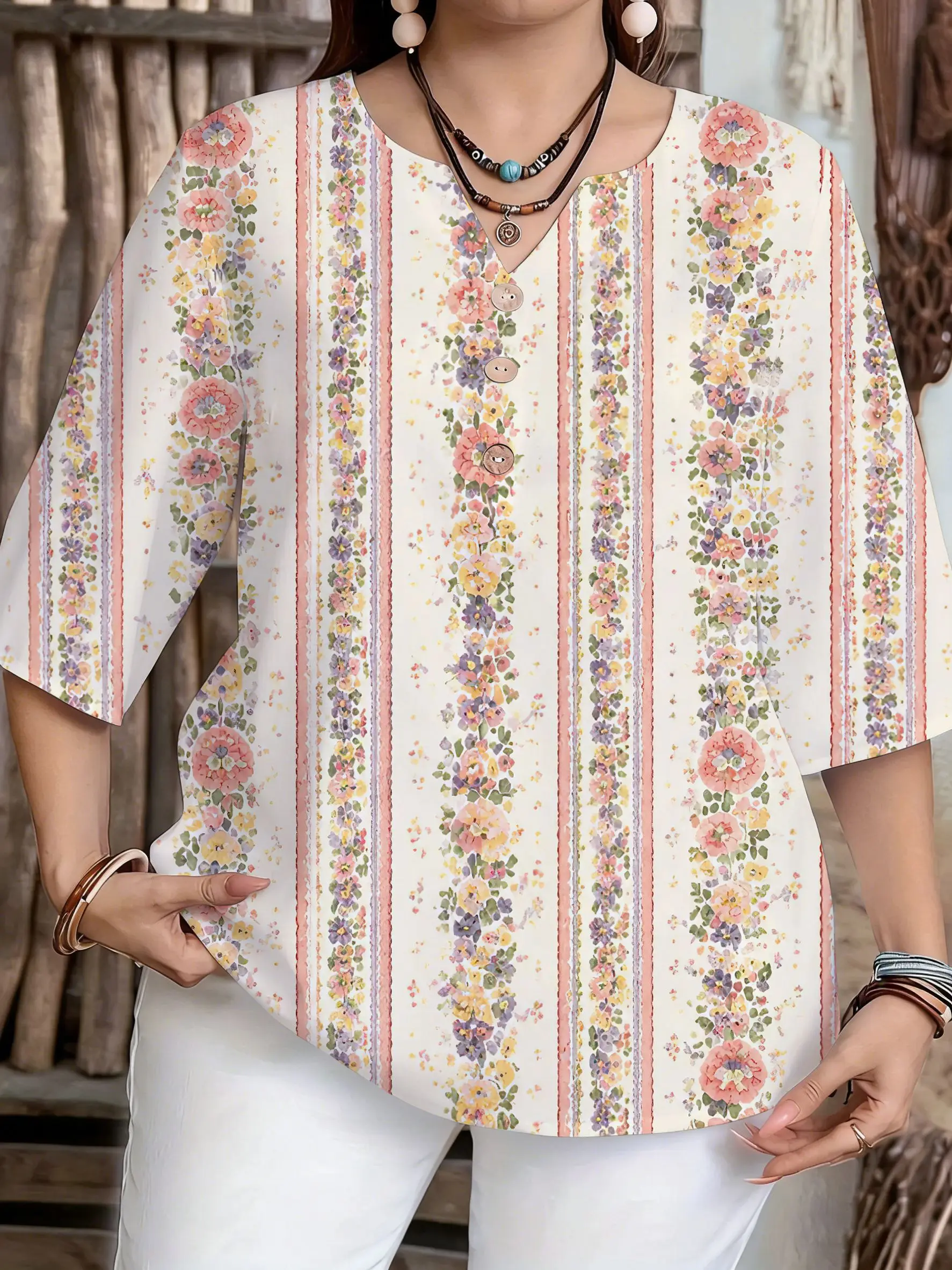 Women Notched Neck 3/4 Sleeve Loose Fit For Curvy Figures Daily Casual Ladies Pullover Tops Multiple Floral & Animal Pattern