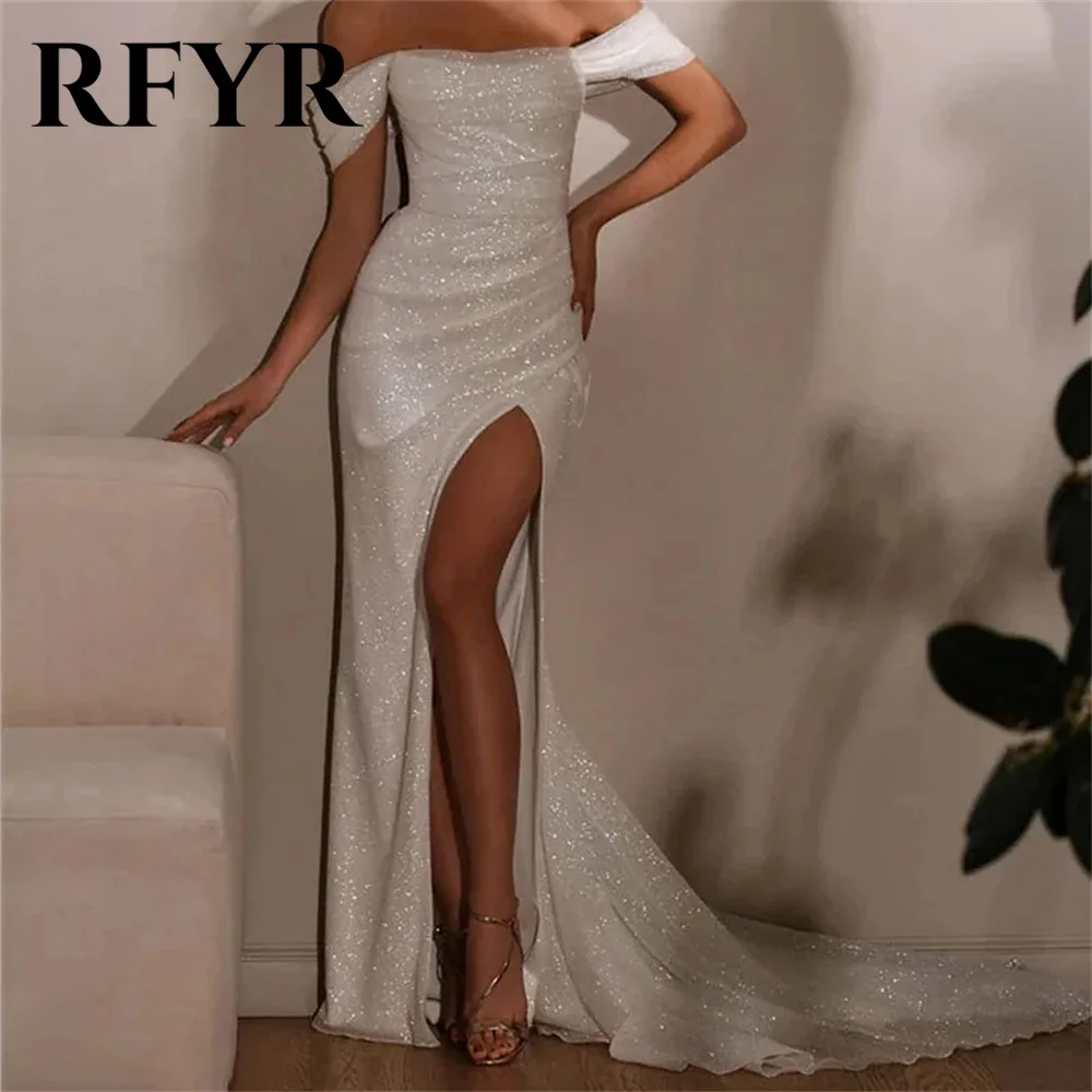 

RFYR Sexy Sequins Mermaid Prom Gown Luxury Off The Shoulder Charming Vestidos De Noche Sexy Side High Split Trumpet Prom Dress