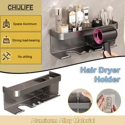 An der Wand montierter Haartrockner-Halter, Aufbewahrungsregal, Haartrockner-Rack, Organizer, Badezimmer-Zubehör, ohne Bohren, Duschregal aus Aluminium