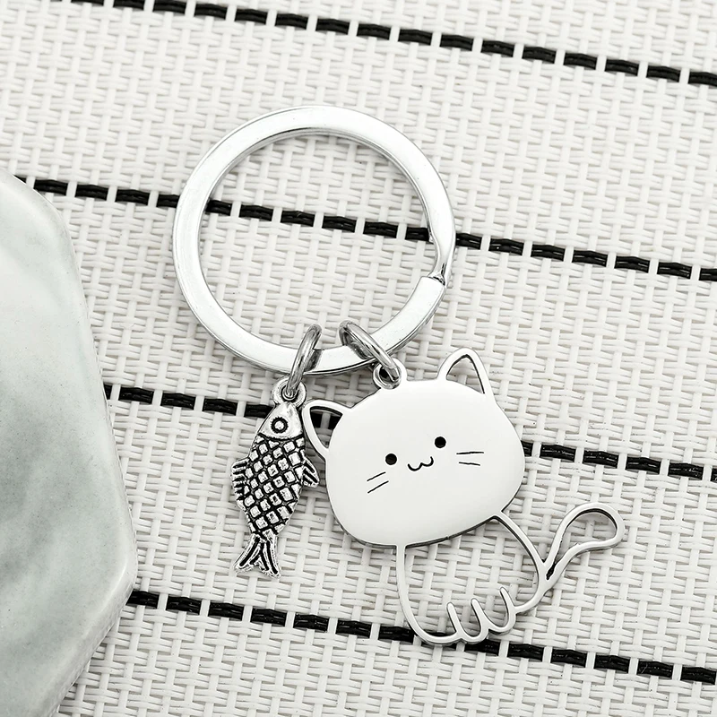 Funny Cartoon Cat Fish Keychain Couple Lovers Stainless Steel Keyring Lovely Pendant Key Chain Valentine\'s Day Gift Jewelry