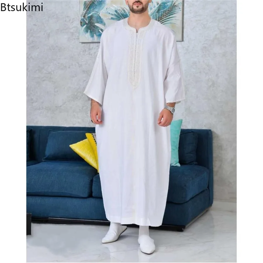 2025 Eid Muslim Men Clothing Ethnic Style Splice Embroidered Long-sleeved Abayas Saudi Arabic Loose Casual Robe Men Muslim Thobe