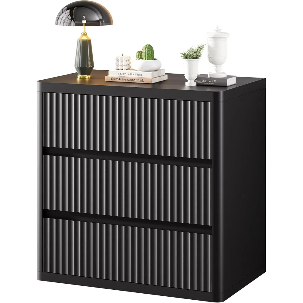 

3 Drawer Bedside Table, Black Bedside Table with Large Storage Space, Bedroom Bedside Table with Groove