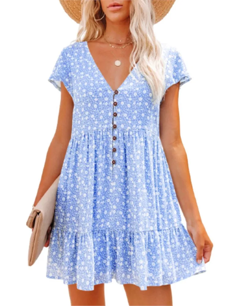

Women Summer Floral Print Short Sleeve V Neck A Line Dress Casual Boho Pleated Mini Dress Beach Party Vacation Sundress 2025