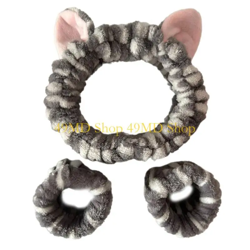 

49MD Мягкие удобные повязки на голову с кошачьими ушками, набор для макияжа и очищения, впитывающие браслеты с леопардовым