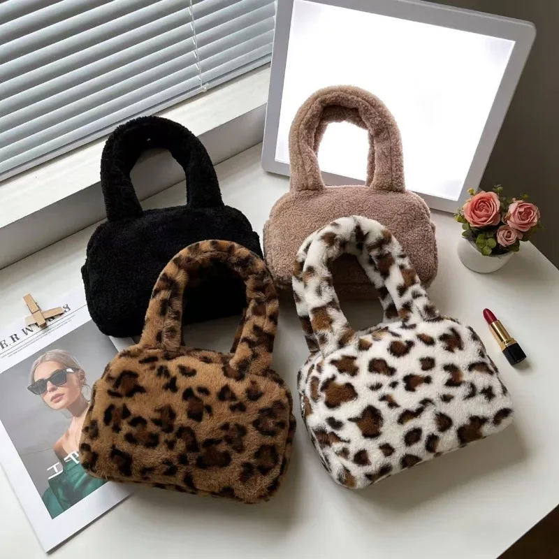 Y2K Korean Retro Leopard Print Plush Tote Bag Trendy Mini Handbag Purse Lipstick Key Shopping Storage Bag for Women - view 4