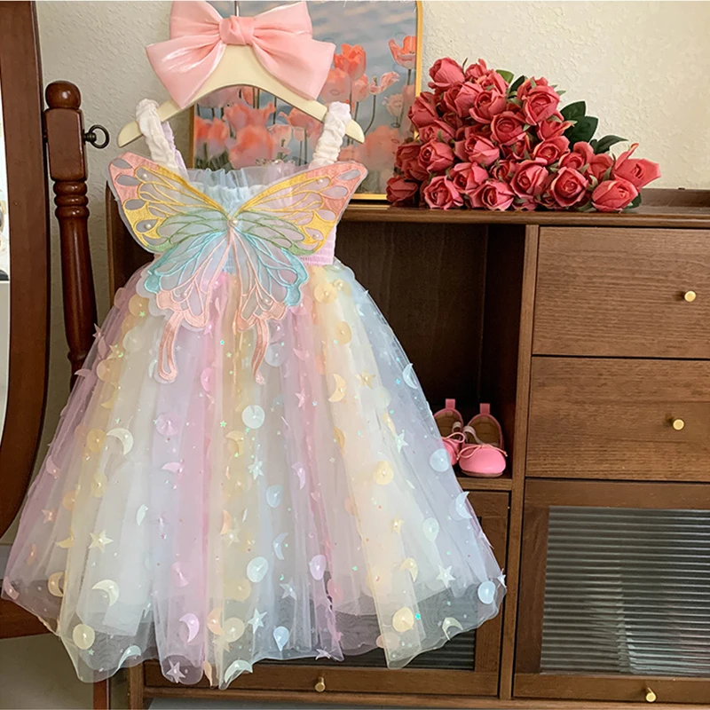 2024 Summer Baby Girl Back Princess Dress Butterfly Wings Dress  Rainbow Dresses for Girls Birthday Party Cute Gown Kids Clothes