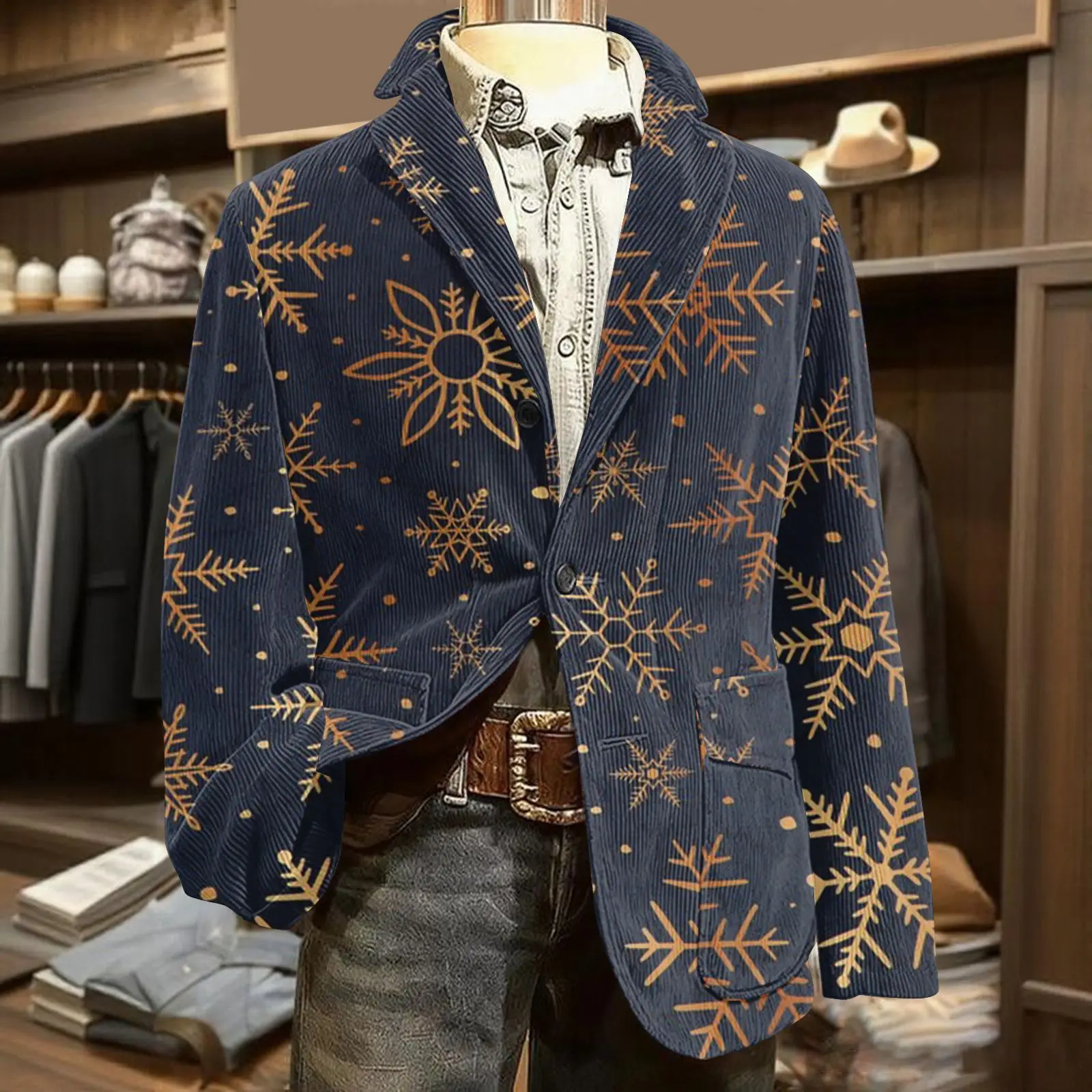 

Blazer Men Snowflake Printed Corduroy Warm Pocket Casual Jacket Cardigan Trendy Men's Apparel Fashion Daily Wear