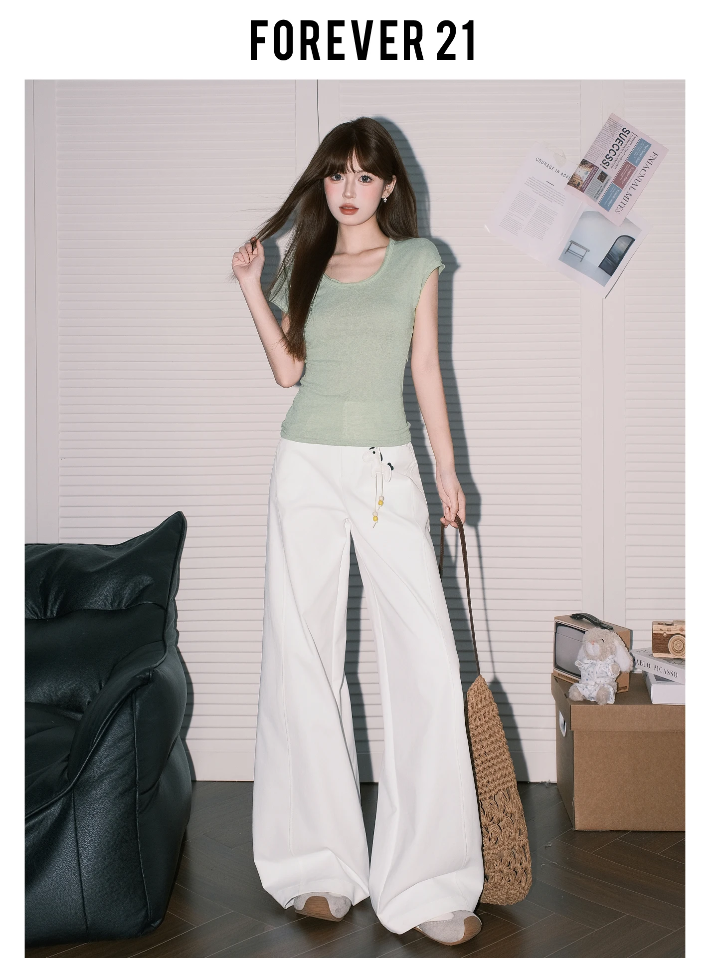 Pantalones Casuales Anchos Blancos para Mujer, Pantalones de Verano Holgados de Cintura Alta con Corte Drapeado, Estilo Urbano Moderno de Forever 21