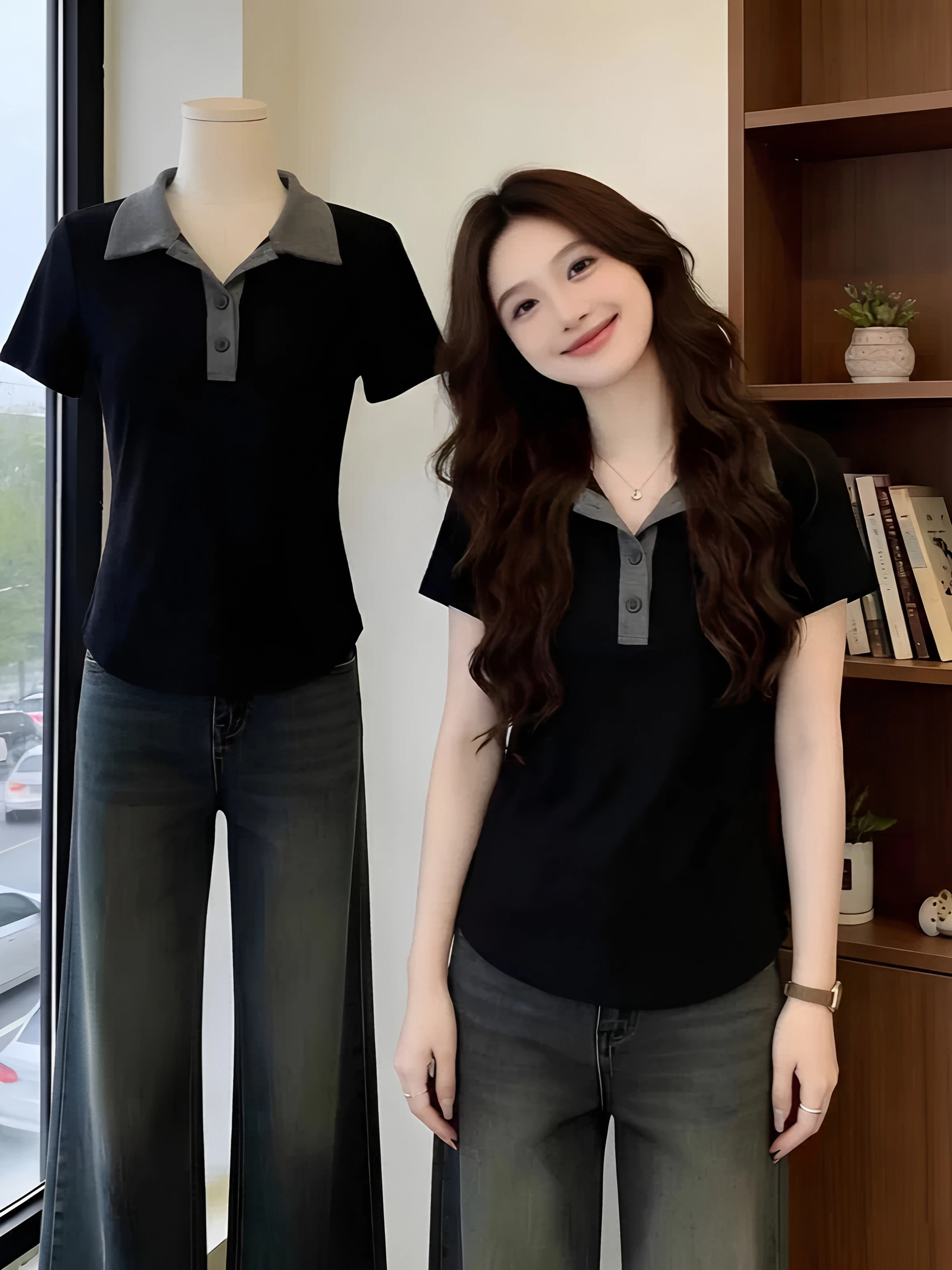 

Summer Women's Slim Fit Shirt Short Sleeve 95 Cotton Waist Cinched Turn-down Collar T-shirt Big Size plus Size Casual Wear