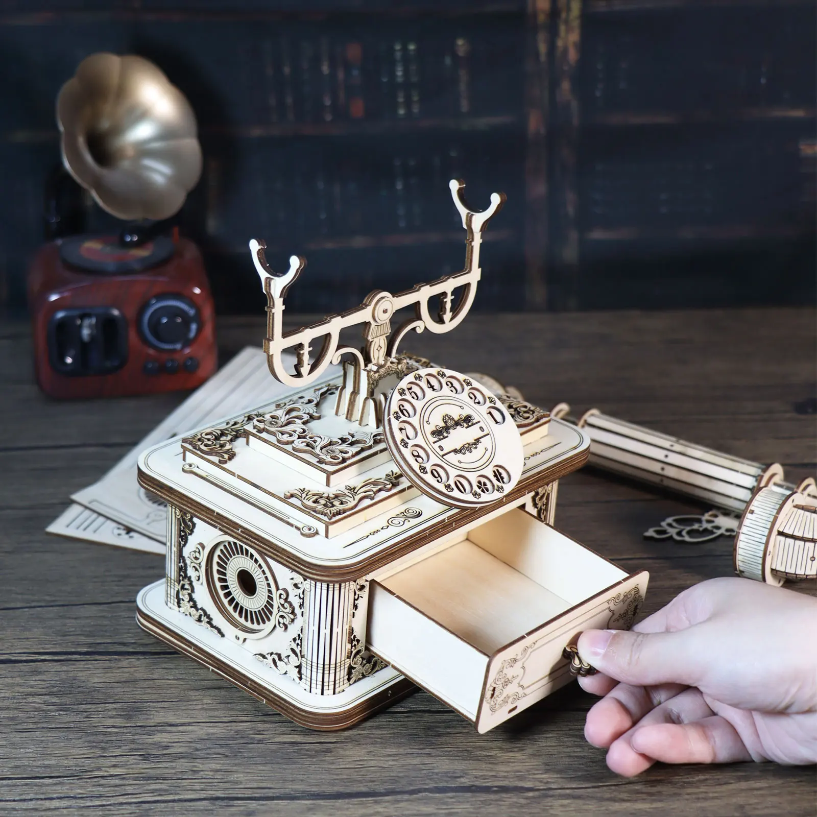 Quebra-Cabeça Criativo Retro em Madeira 3D Modelo de Telefone para Adultos - Decoração de Mesa e Presente Único para Natal ou Aniversário