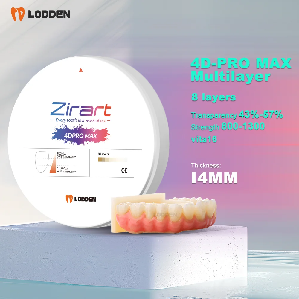 

LODDEN 1300MPa Zirconia Blocks 98x14mm Dental Lab Multilayer 4D Pro Max Aesthetics 8 Layers Discs for CAM CAD Denture Materials