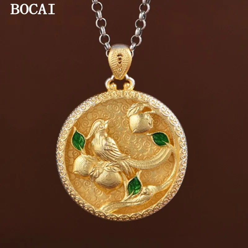 BOCAIS999 Sterling Silver Light Luxury Fashion Gold Stroke Lucky Luck And Longevity Lucky Character Magpie Women's Style Pendant