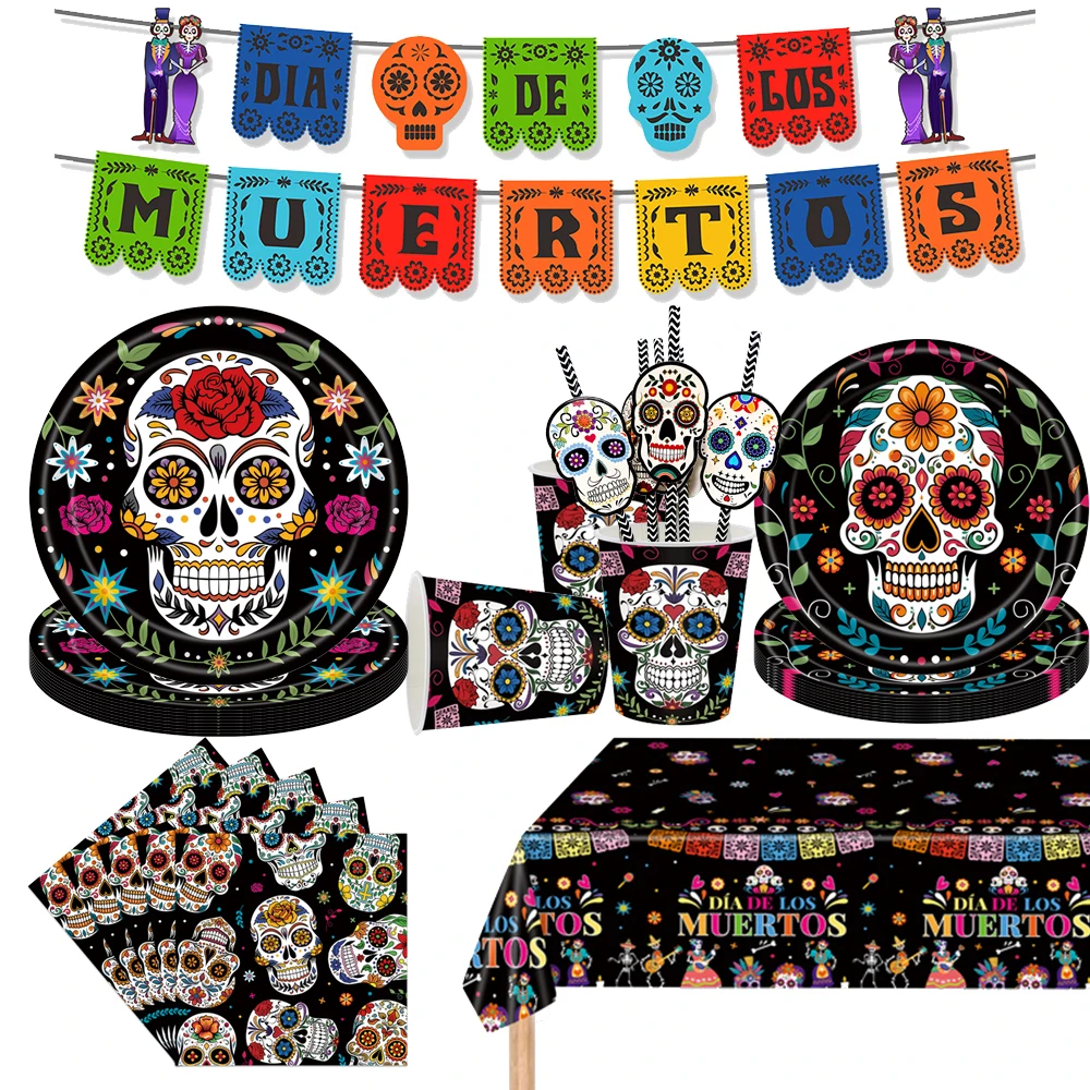 Day of the Dead Decorations Dia De Los Muertos Banner Sugar Skull Disposable Tableware Plate Cup Napkin Tablecloth Paper Straw