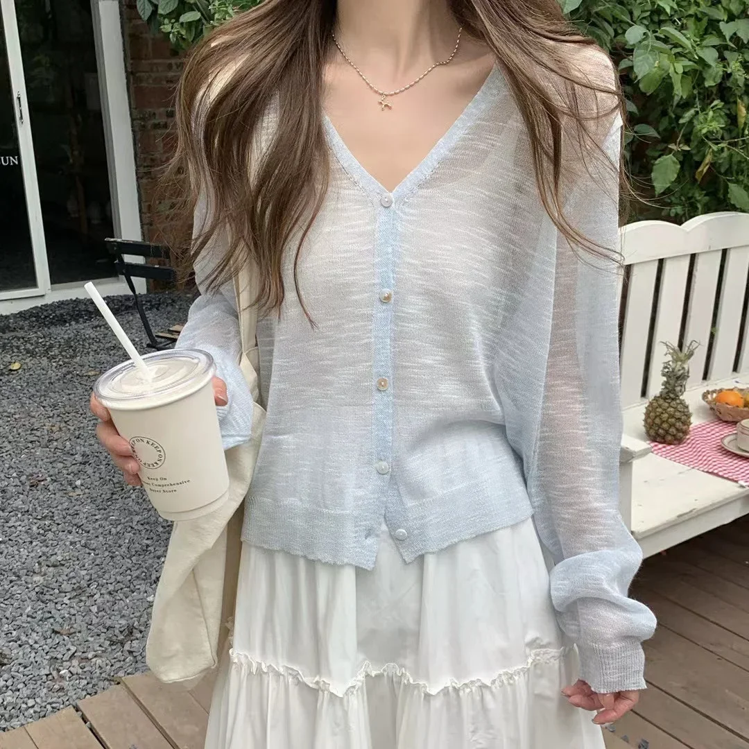 Button Down Knitted Cardigan for Women Long Sleeve V-neck Lightweight Blouse Spring Summer Cover-up Fairycore Tops view 2