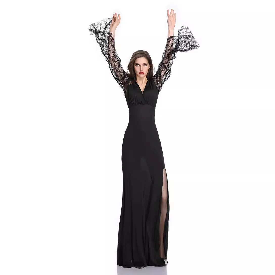 2025 New loween Death God Witch  orm Long Dr Deep V Bla Wedding Dr Fem Demon Costume Stage Performance