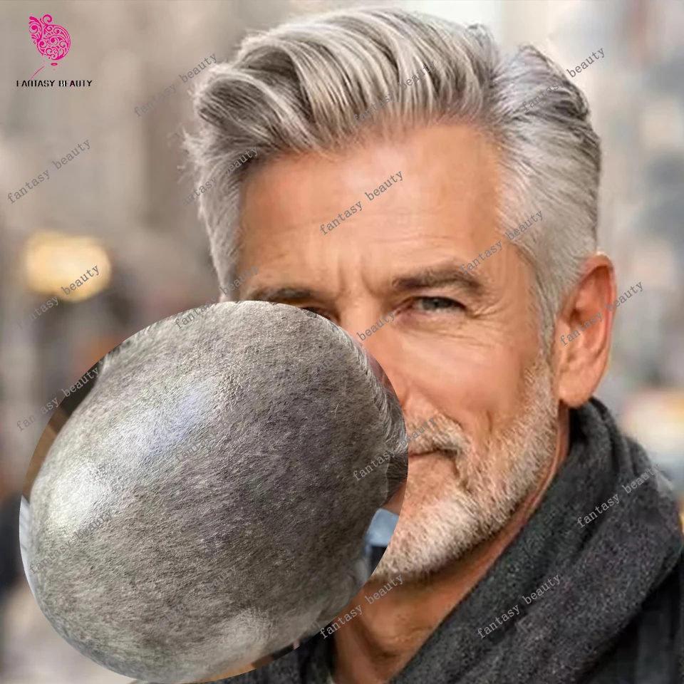 

Мужской парик-накладка 1b80 из натуральных волос, серый, 0.1 мм, тонкий, на полиуретановой основе, незаметный, прочный, система замещения волос для мужчин