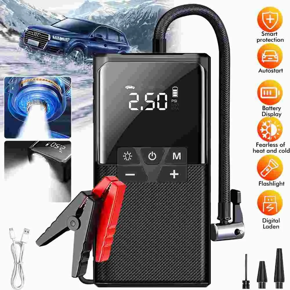 

Портативное пусковое устройство для автомобиля 12В с воздушным насосом, 99800 мАч, пиковый ток 1000А, аварийный бустер для аккумулятора с 19-цилиндровым насосом 90 Вт