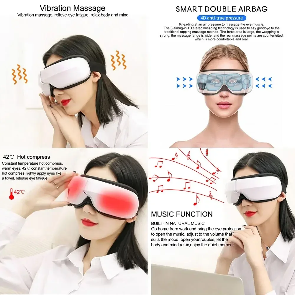 Electric Eye Mask Massager 6D Airbag Pressure Vibration Massage Eye Care Tool Relax Relieve Fatigue Hot Compress Bluetooth Music