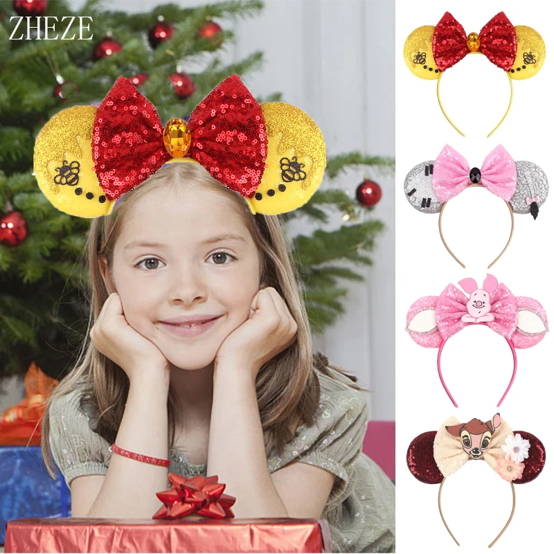 2024 Disney Winnie The Pooh Ears Headband Sequin Bow Hairband For Girls Boys Festival Party DIY Hair Accessories Gift Boutique