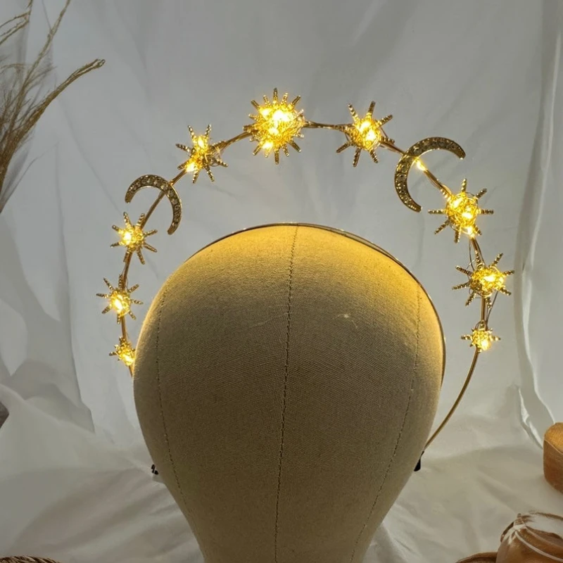 Star Moon Rhinestone Halo Crown, LED Glow Crystal Celestial Headband for Women Wedding Rave Halloween Bridal  Celestial Hair - view 4