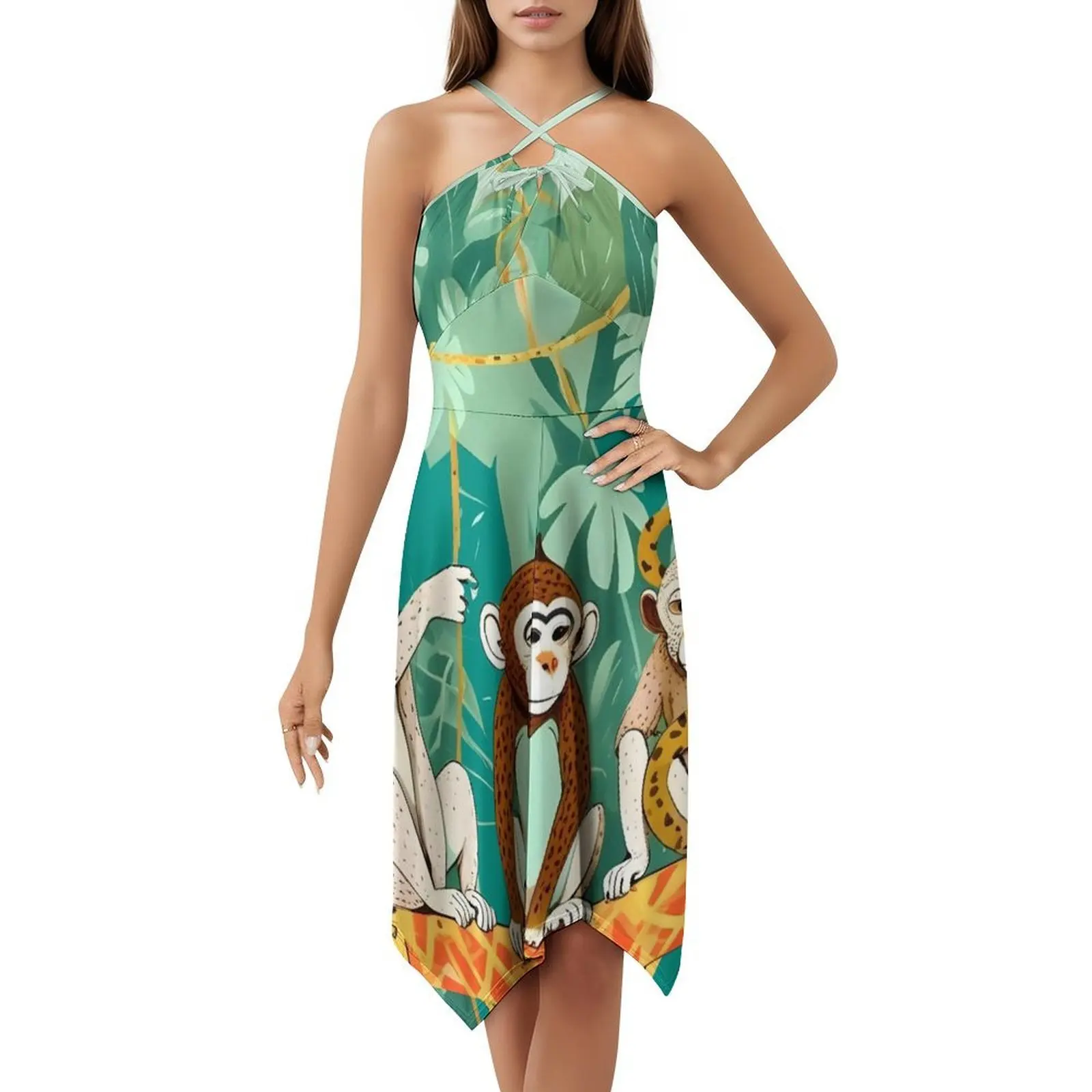Jogar data macacos selva jogando animais travesso floral blusa vestido para mulheres primavera verão vestido casual para festa vida selvagem