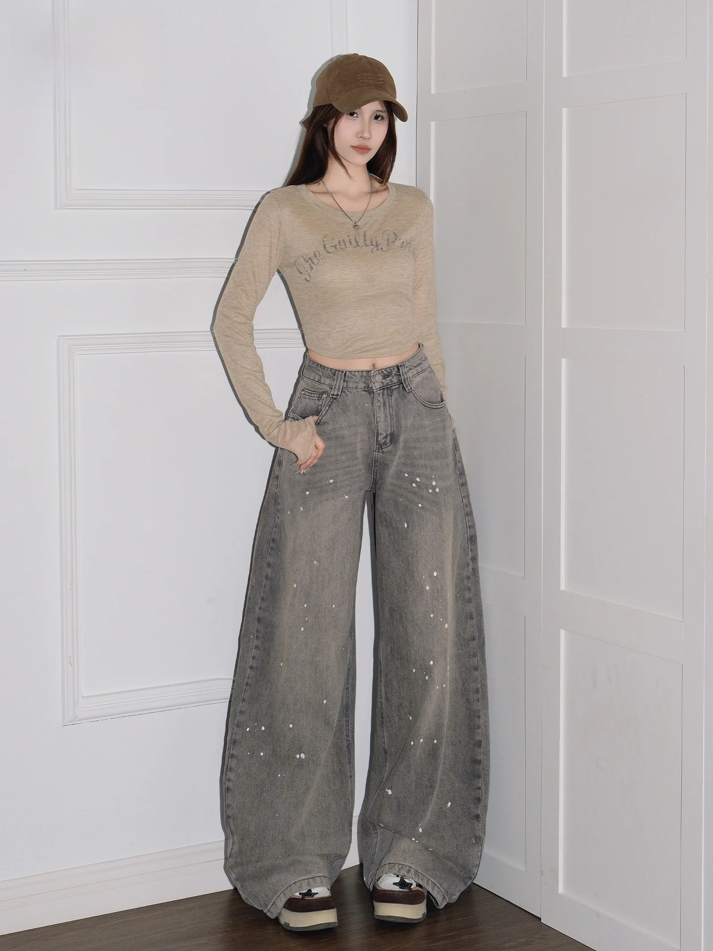 

American Style Faded Washed Knife Wide Leg Jeans Women's Loose Slimming Casual Spring Summer Denim Pants High Waist